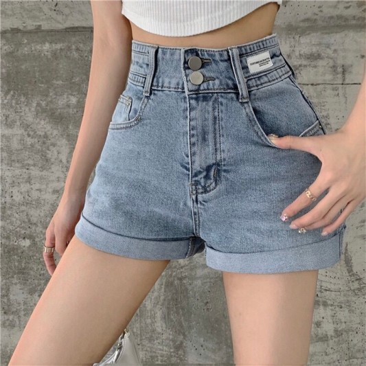 高腰直筒卷边牛仔短裤